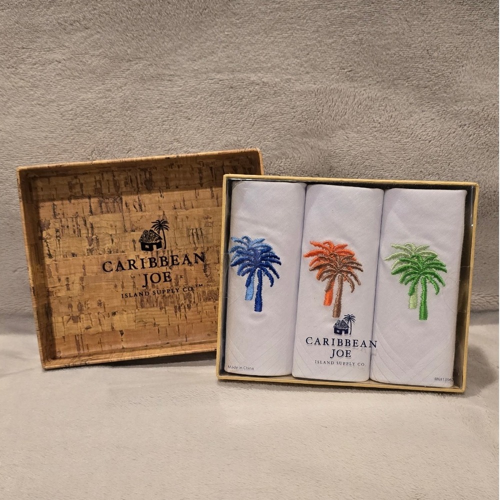 Caribbean Joe Island Supply Co Mens Handkerchiefs Set 3 Palm Tree Embroidered‎